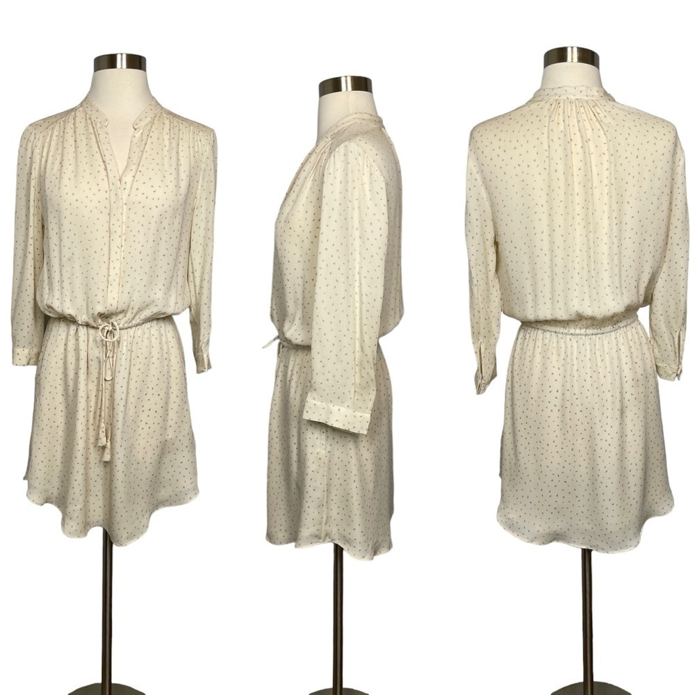 T. Babaton Ivory Print 100% Silk Dress Side Pockets Lined Skirt Button Cuff Sz S